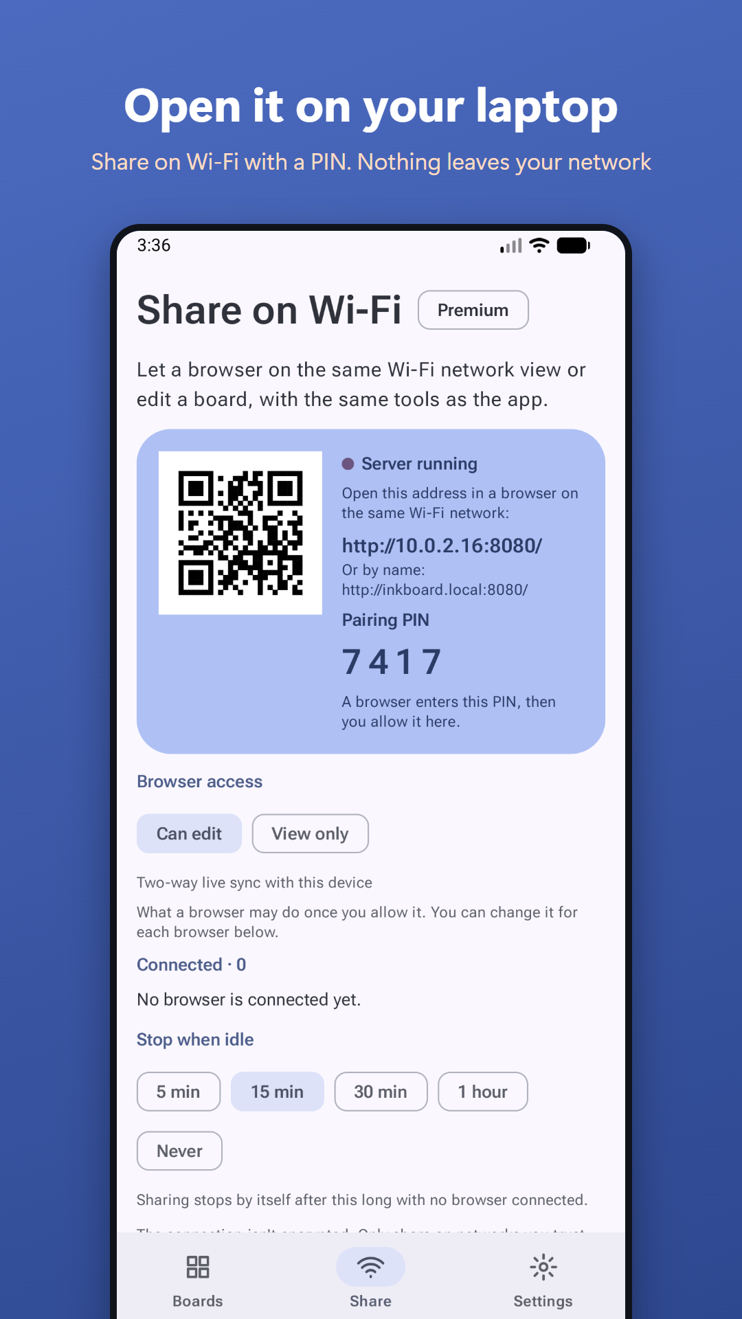 Share on Wi-Fi with a PIN and QR code